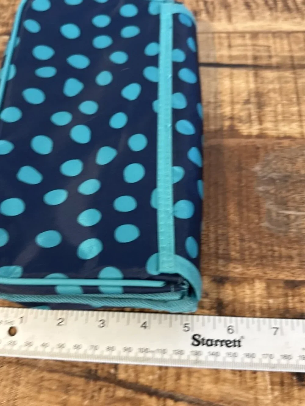 Thirty One Mirror Makeup Cosmetics Bag Navy With Green Polka Dots Tri Fold